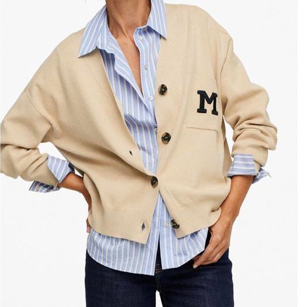 Mango V-Neck Knit Cardigan with Black Letter Patch
